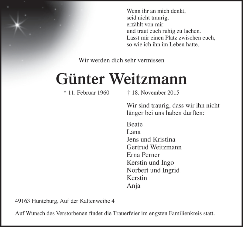  Traueranzeige für Günter Weitzmann vom 21.11.2015 aus Neue Osnabrücker Zeitung GmbH & Co. KG