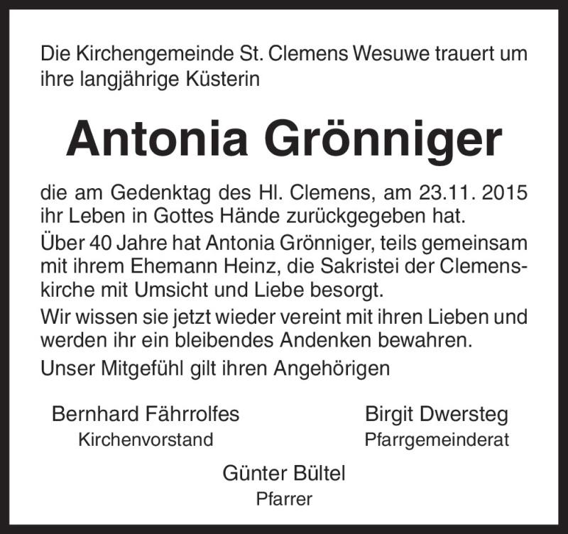  Traueranzeige für Antonia Grönninger vom 30.11.2015 aus Neue Osnabrücker Zeitung GmbH & Co. KG