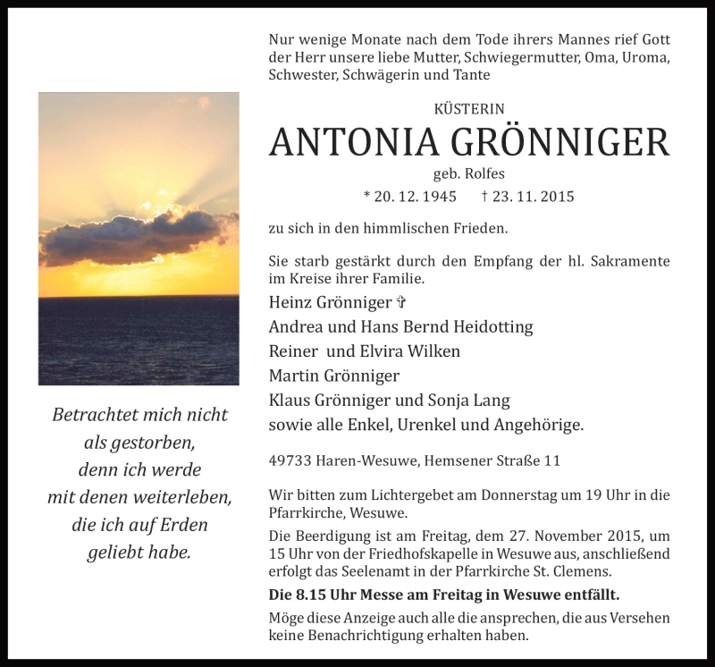  Traueranzeige für Antonia Grönninger vom 25.11.2015 aus Neue Osnabrücker Zeitung GmbH & Co. KG