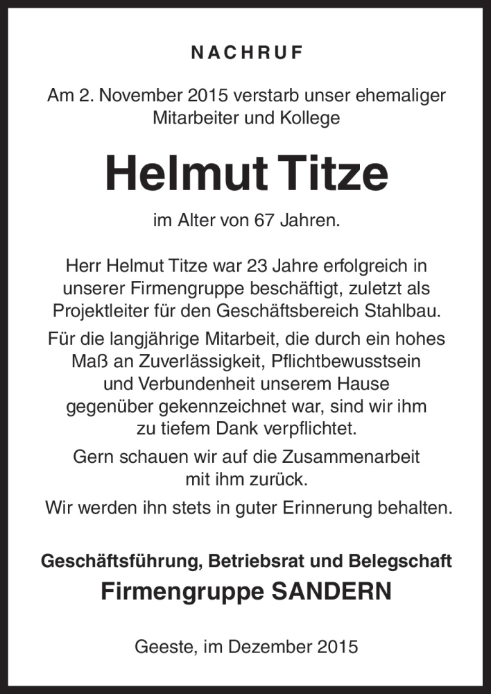  Traueranzeige für Helmut Titze vom 22.12.2015 aus Neue Osnabrücker Zeitung GmbH & Co. KG