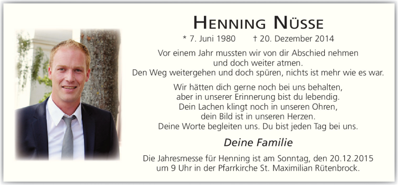  Traueranzeige für Henning Nüsse vom 16.12.2015 aus Neue Osnabrücker Zeitung GmbH & Co. KG