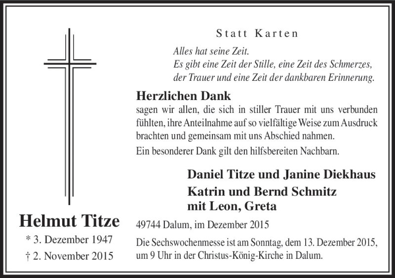  Traueranzeige für Helmut Titze vom 09.12.2015 aus Neue Osnabrücker Zeitung GmbH & Co. KG