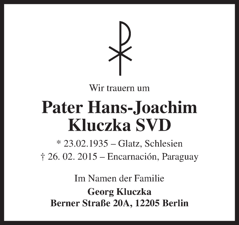  Traueranzeige für Hans-Joachim Kluczka vom 28.02.2015 aus Neue Osnabrücker Zeitung GmbH & Co. KG