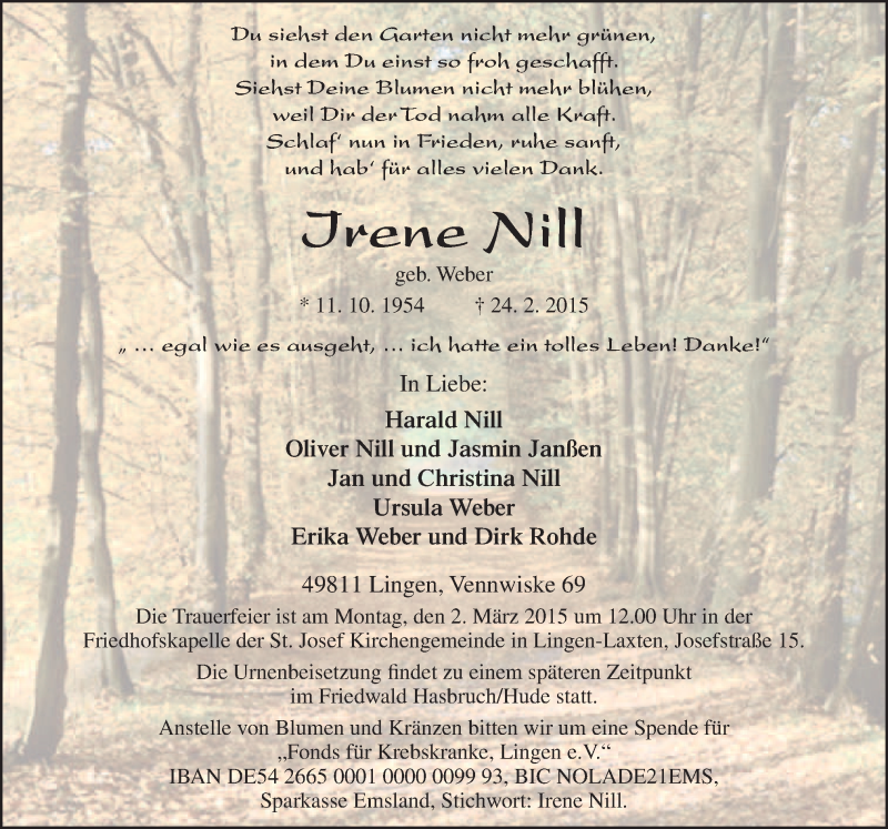 Traueranzeige für Irene Nill vom 27.02.2015 aus Neue Osnabrücker Zeitung GmbH & Co. KG