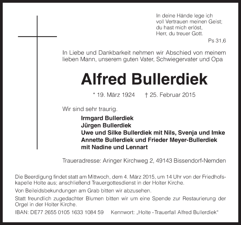  Traueranzeige für Alfred Bullerdiek vom 28.02.2015 aus Neue Osnabrücker Zeitung GmbH & Co. KG