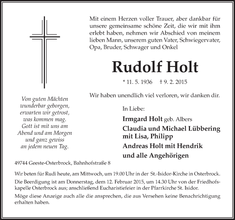 Traueranzeige für Rudolf Holt vom 11.02.2015 aus Neue Osnabrücker Zeitung GmbH & Co. KG