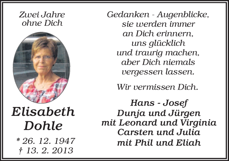  Traueranzeige für Elisabeth Dohle vom 13.02.2015 aus Neue Osnabrücker Zeitung GmbH & Co. KG