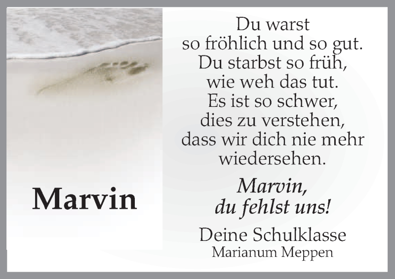  Traueranzeige für Marvin Baudis vom 12.02.2015 aus Neue Osnabrücker Zeitung GmbH & Co. KG