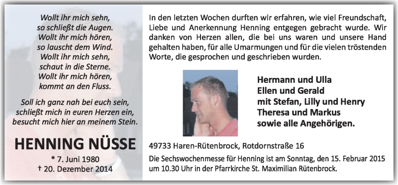  Traueranzeige für Henning Nüsse vom 12.02.2015 aus Neue Osnabrücker Zeitung GmbH & Co. KG