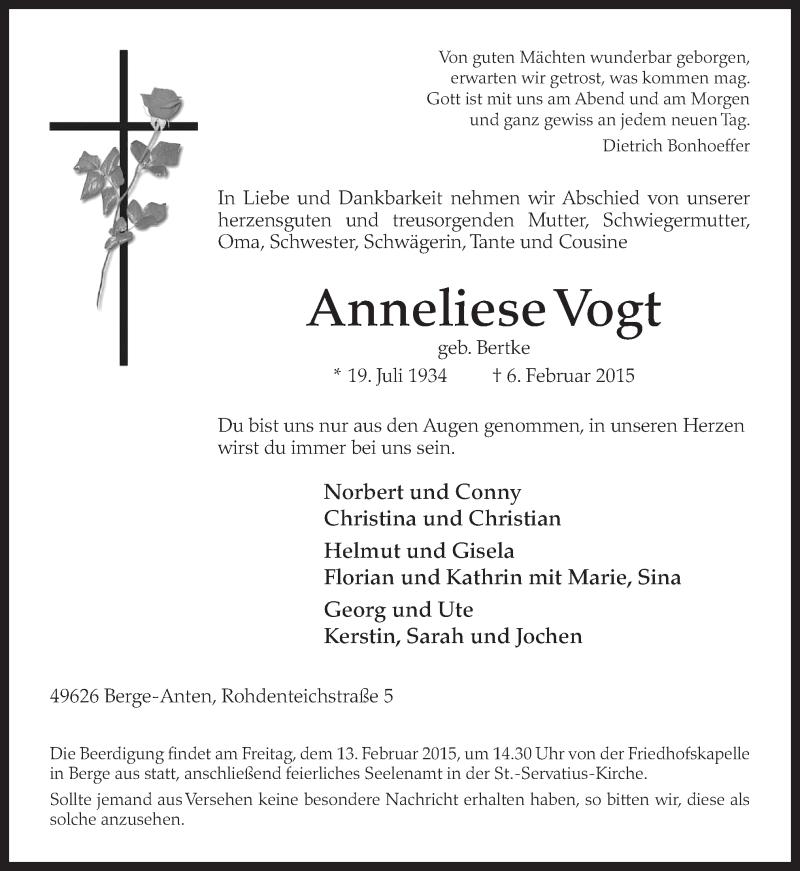  Traueranzeige für Anneliese Vogt vom 10.02.2015 aus Neue Osnabrücker Zeitung GmbH & Co. KG
