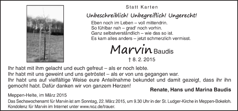  Traueranzeige für Marvin Baudis vom 14.03.2015 aus Neue Osnabrücker Zeitung GmbH & Co. KG