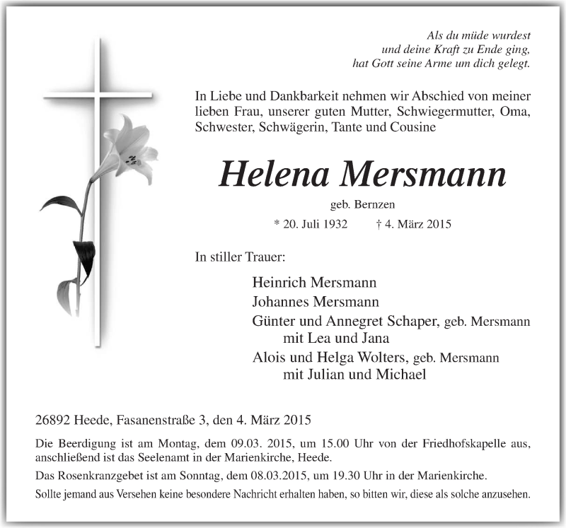 Traueranzeigen Von Helena Mersmann Noz Trauerportal