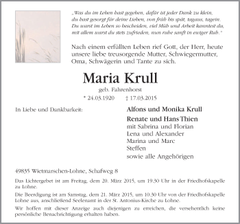 Traueranzeigen Von Maria Krull Noz Trauerportal