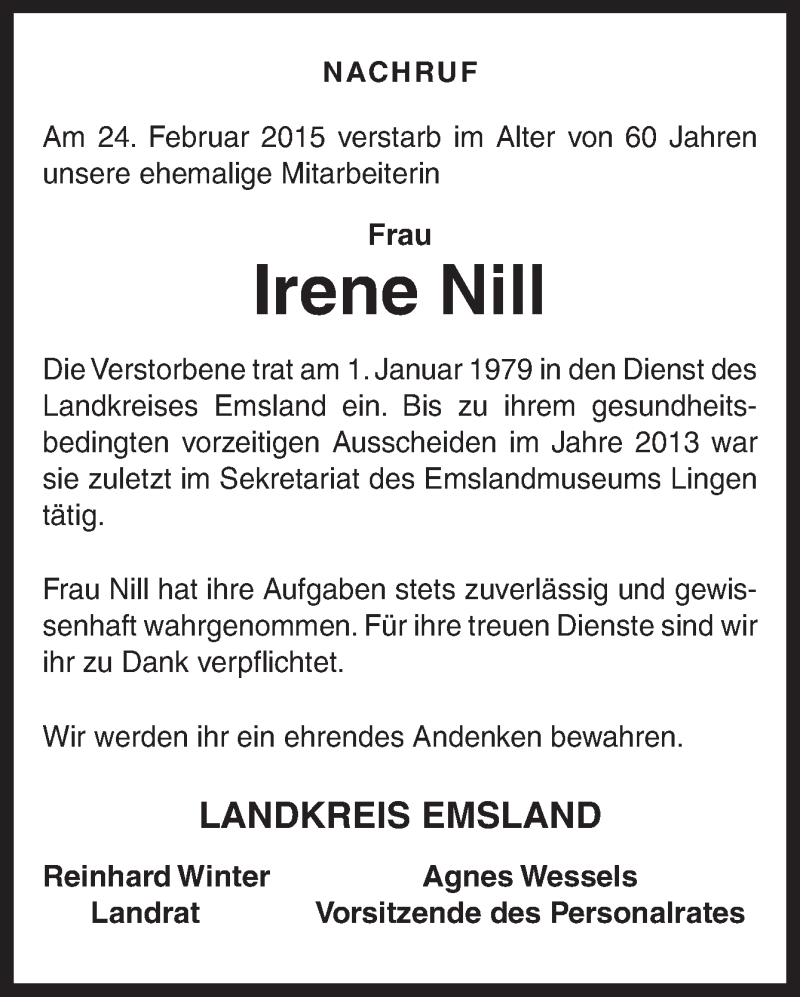  Traueranzeige für Irene Nill vom 02.03.2015 aus Neue Osnabrücker Zeitung GmbH & Co. KG
