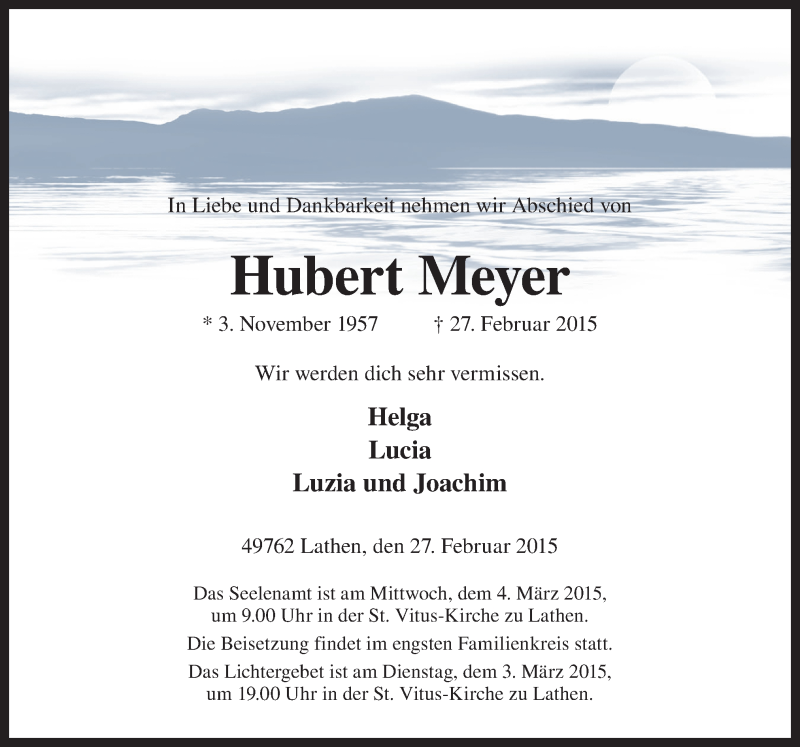 Traueranzeige für Hubert Meyer vom 02.03.2015 aus Neue Osnabrücker Zeitung GmbH & Co. KG