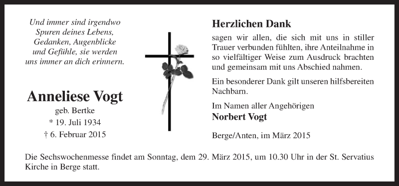  Traueranzeige für Anneliese Vogt vom 24.03.2015 aus Neue Osnabrücker Zeitung GmbH & Co. KG