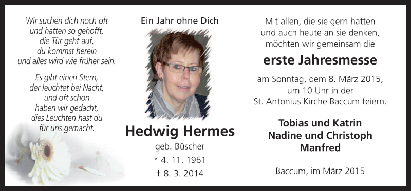  Traueranzeige für Hedwig Hermes vom 04.03.2015 aus Neue Osnabrücker Zeitung GmbH & Co. KG