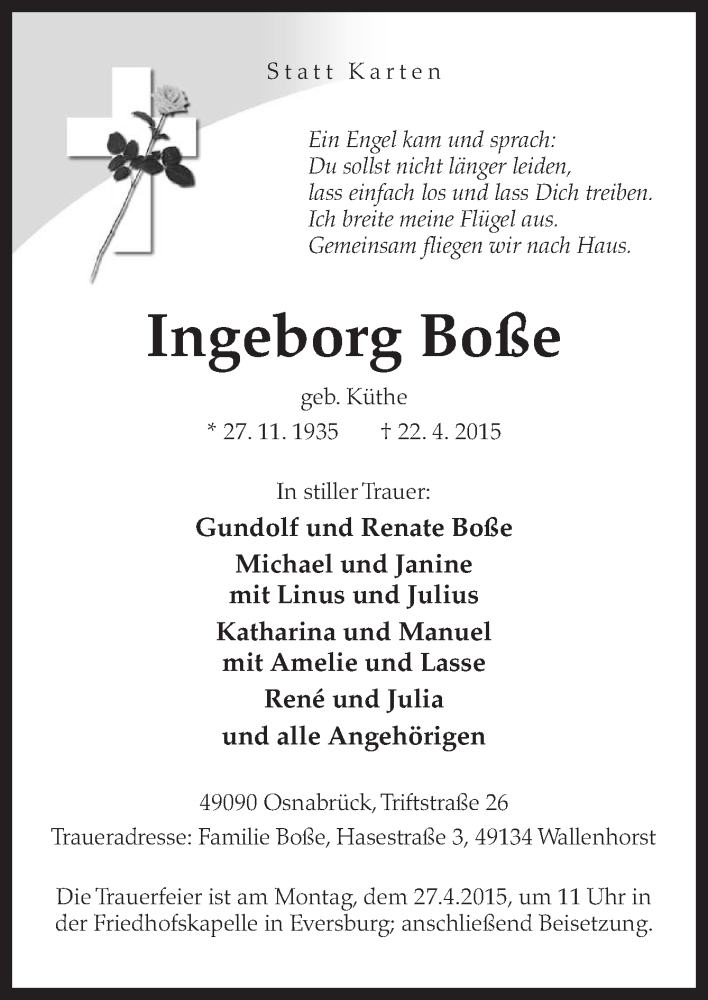  Traueranzeige für Ingeborg Boße vom 24.04.2015 aus Neue Osnabrücker Zeitung GmbH & Co. KG