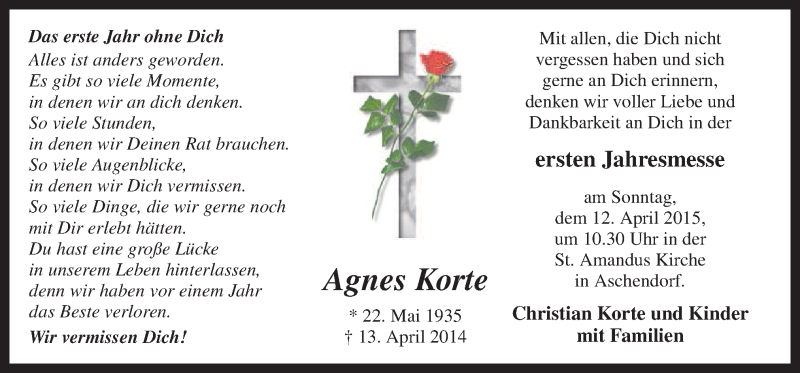  Traueranzeige für Agnes Korte vom 10.04.2015 aus Neue Osnabrücker Zeitung GmbH & Co. KG