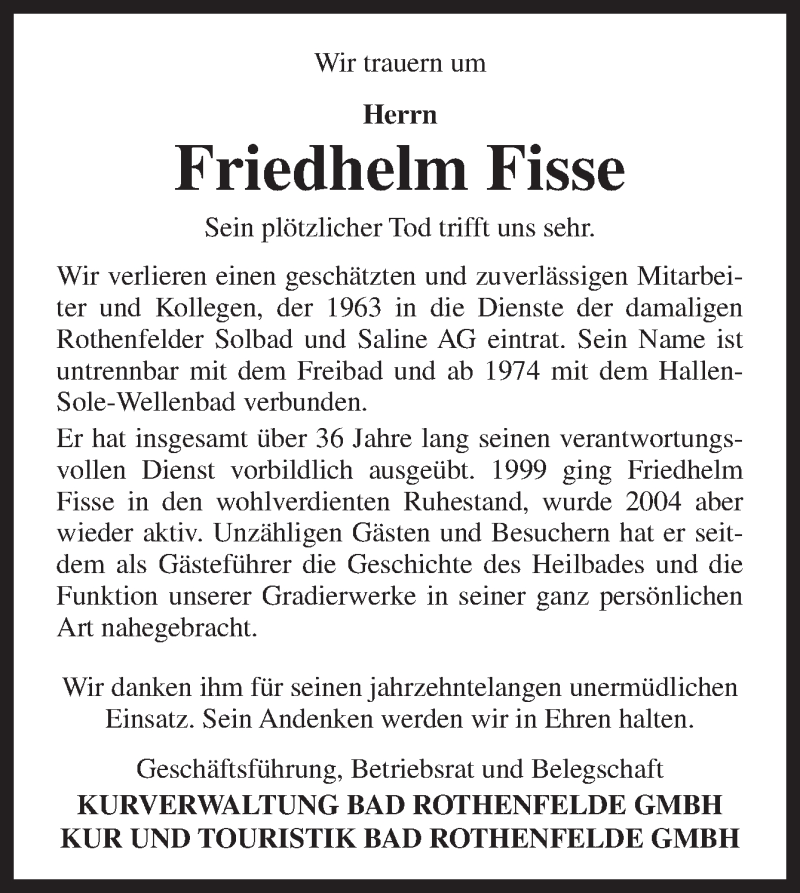  Traueranzeige für Friedhelm Fisse vom 25.04.2015 aus Neue Osnabrücker Zeitung GmbH & Co. KG