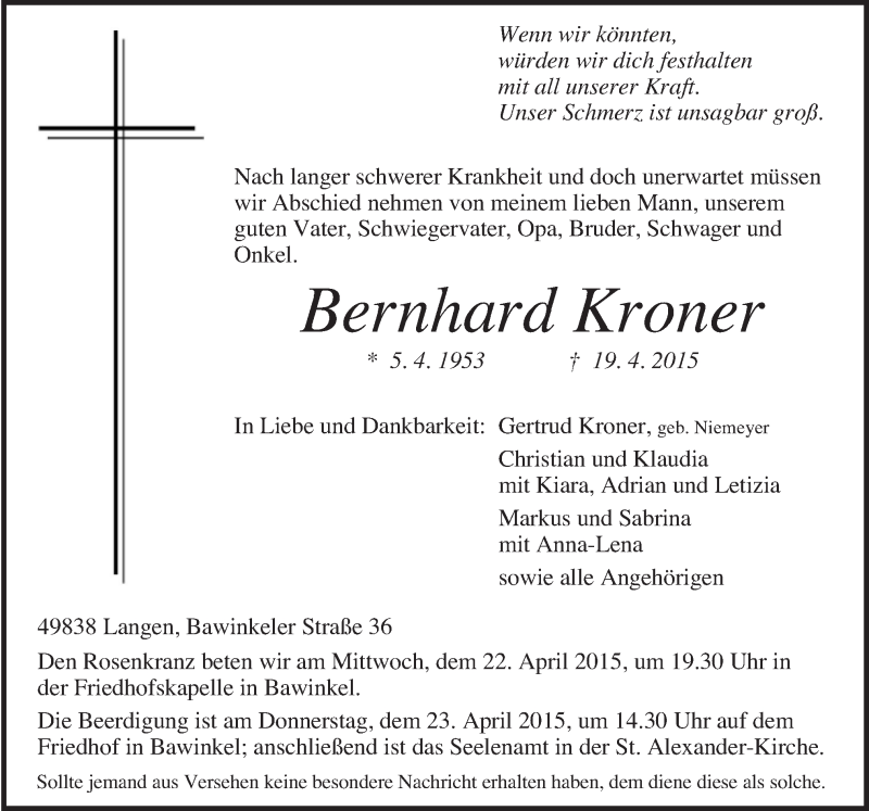  Traueranzeige für Bernhard Kroner vom 22.04.2015 aus Neue Osnabrücker Zeitung GmbH & Co. KG