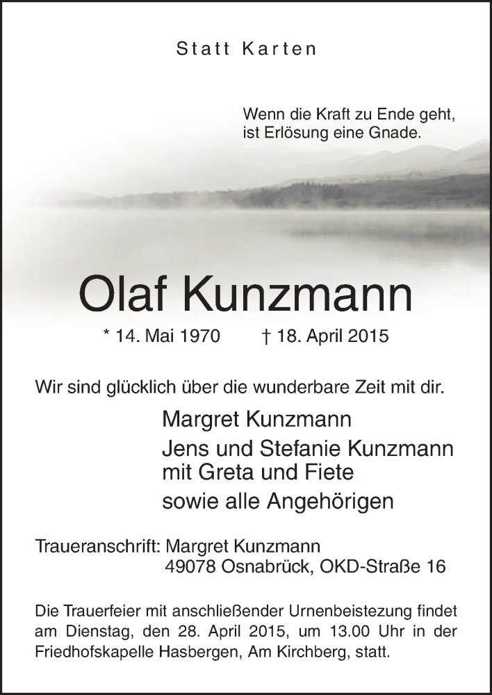  Traueranzeige für Olaf Kunzmann vom 22.04.2015 aus Neue Osnabrücker Zeitung GmbH & Co. KG