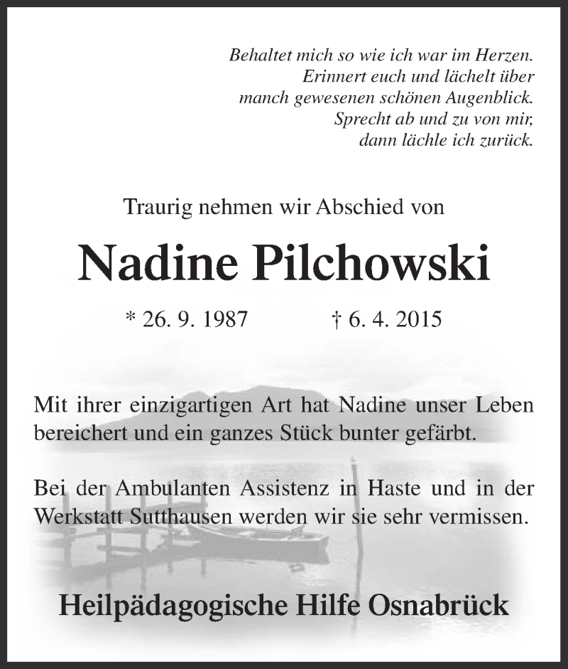  Traueranzeige für Nadine Pilchowski vom 14.04.2015 aus Neue Osnabrücker Zeitung GmbH & Co. KG