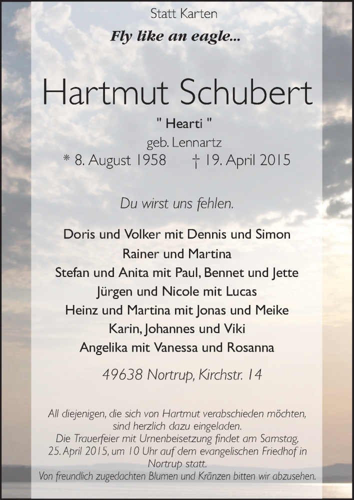  Traueranzeige für Hartmut Schubert vom 22.04.2015 aus Neue Osnabrücker Zeitung GmbH & Co. KG