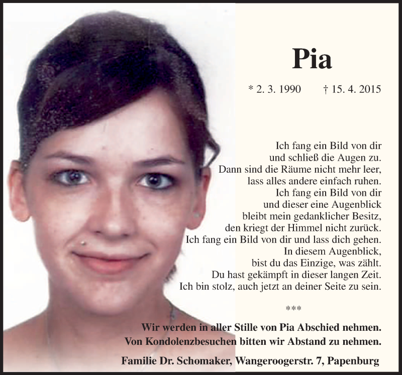  Traueranzeige für Pia Schomaker vom 21.04.2015 aus Neue Osnabrücker Zeitung GmbH & Co. KG