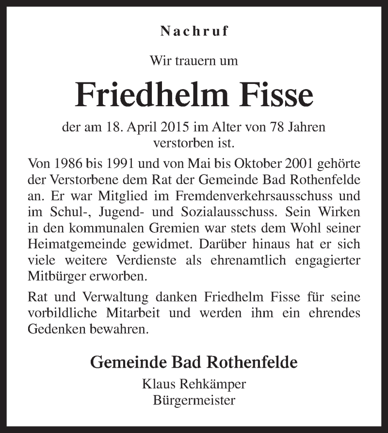  Traueranzeige für Friedhelm Fisse vom 25.04.2015 aus Neue Osnabrücker Zeitung GmbH & Co. KG