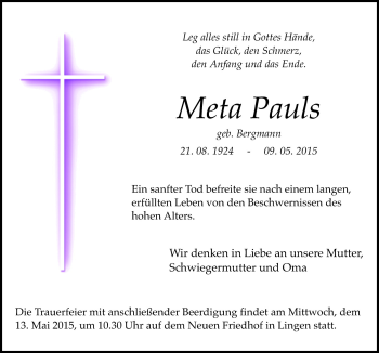 Traueranzeige von Meta Pauls von Neue Osnabrücker Zeitung GmbH & Co. KG