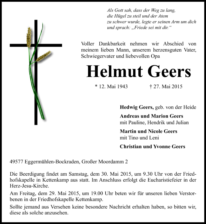  Traueranzeige für Helmut Geers vom 28.05.2015 aus Neue Osnabrücker Zeitung GmbH & Co. KG