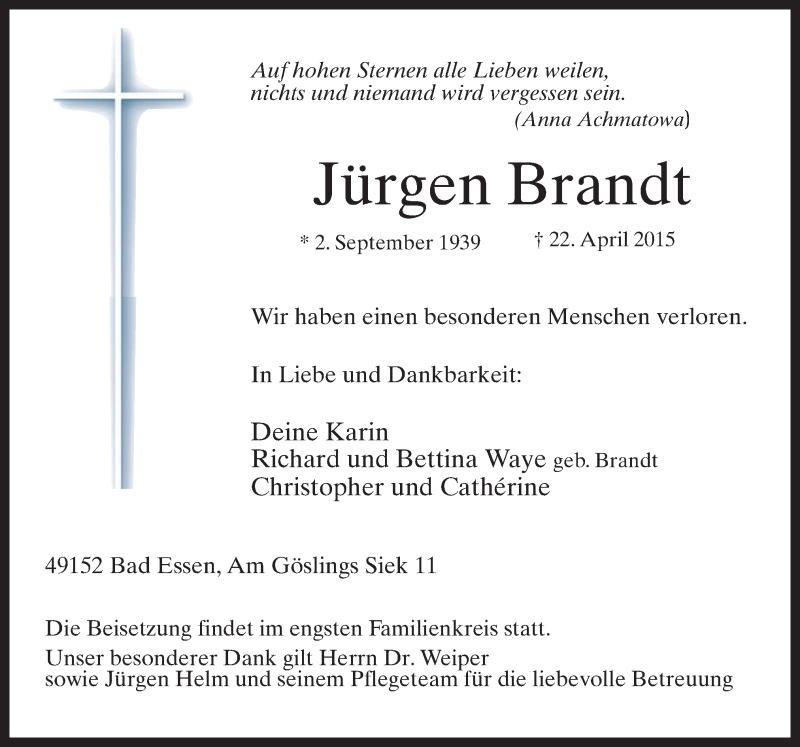  Traueranzeige für Jürgen Brandt vom 02.05.2015 aus Neue Osnabrücker Zeitung GmbH & Co. KG