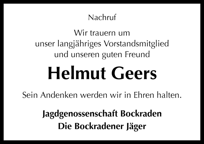  Traueranzeige für Helmut Geers vom 29.05.2015 aus Neue Osnabrücker Zeitung GmbH & Co. KG