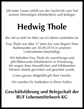 Traueranzeige von Hedwig Thole von Neue Osnabrücker Zeitung GmbH & Co. KG