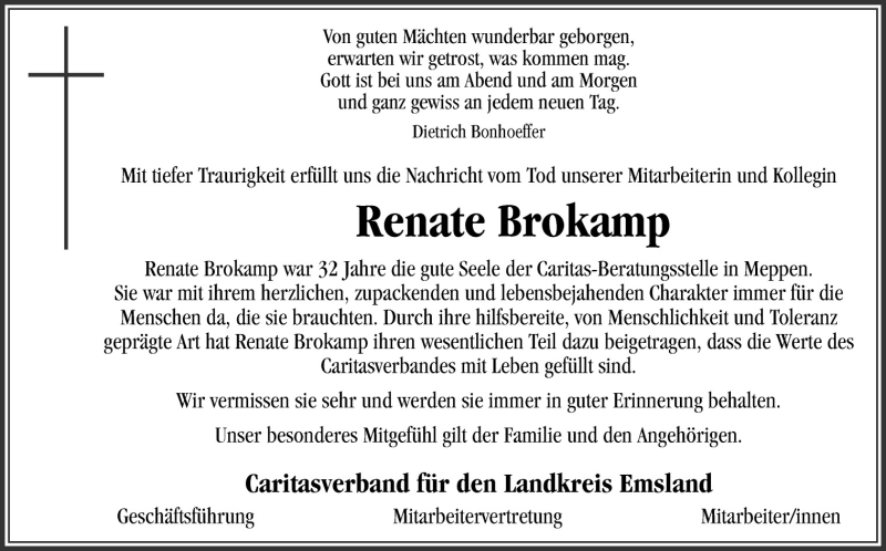  Traueranzeige für Renate Brokamp vom 29.05.2015 aus Neue Osnabrücker Zeitung GmbH & Co. KG