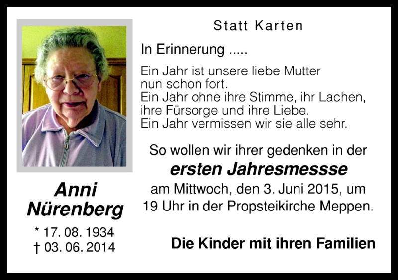  Traueranzeige für Anni Nürenberg vom 30.05.2015 aus Neue Osnabrücker Zeitung GmbH & Co. KG