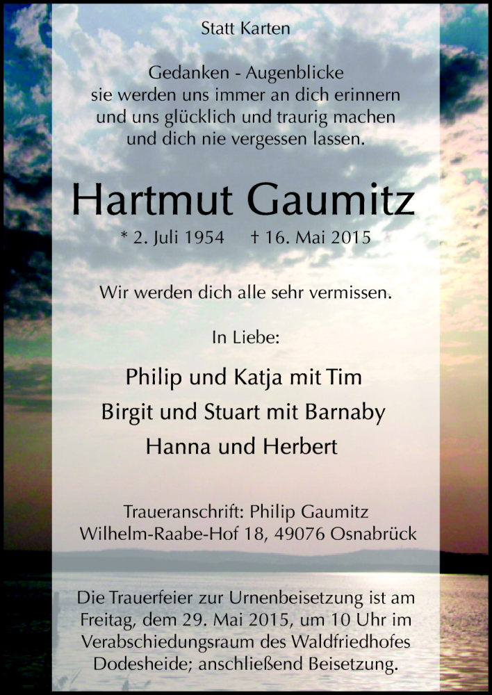  Traueranzeige für Hartmut Gaumitz vom 23.05.2015 aus Neue Osnabrücker Zeitung GmbH & Co. KG