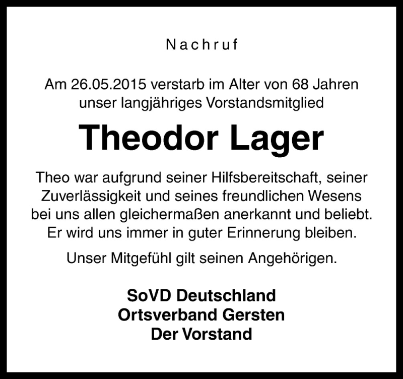 Traueranzeigen Von Theodor Lager Noz Trauerportal