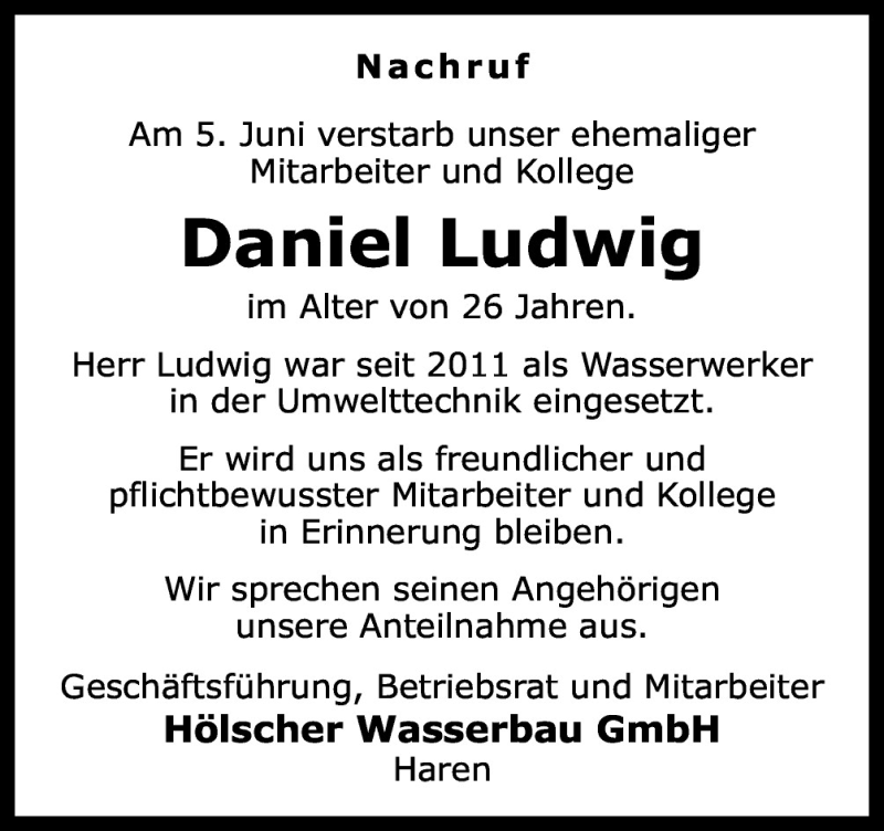  Traueranzeige für Daniel Ludwig vom 09.06.2015 aus Neue Osnabrücker Zeitung GmbH & Co. KG