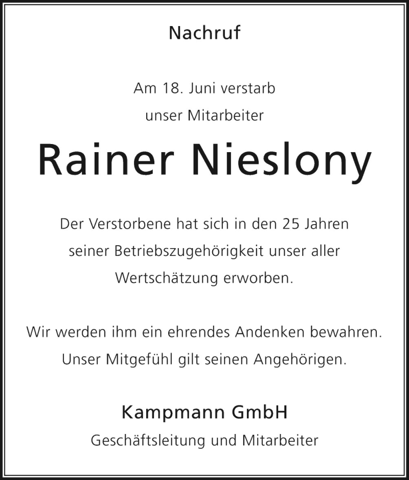 Traueranzeigen Von Rainer Nieslony Noz Trauerportal