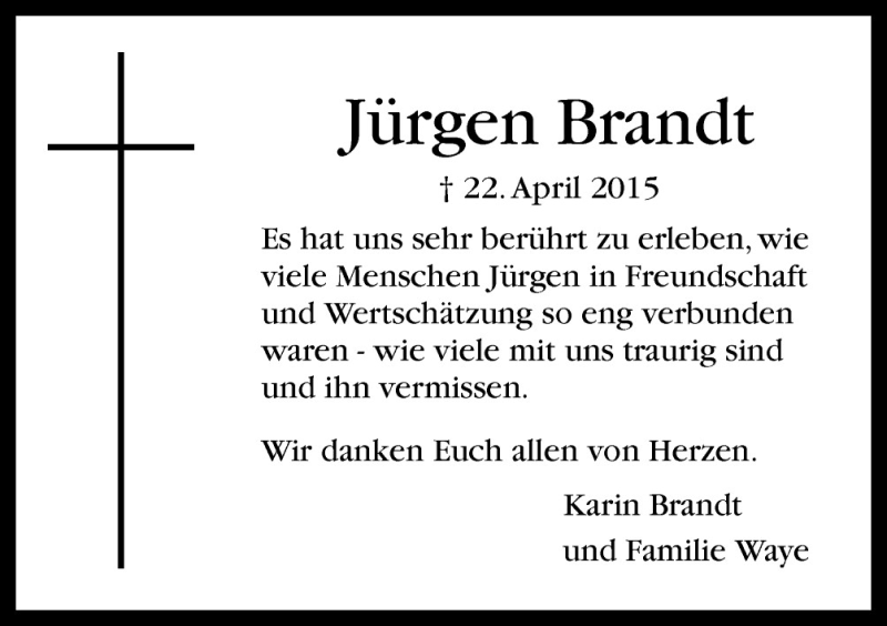  Traueranzeige für Jürgen Brandt vom 20.06.2015 aus Neue Osnabrücker Zeitung GmbH & Co. KG