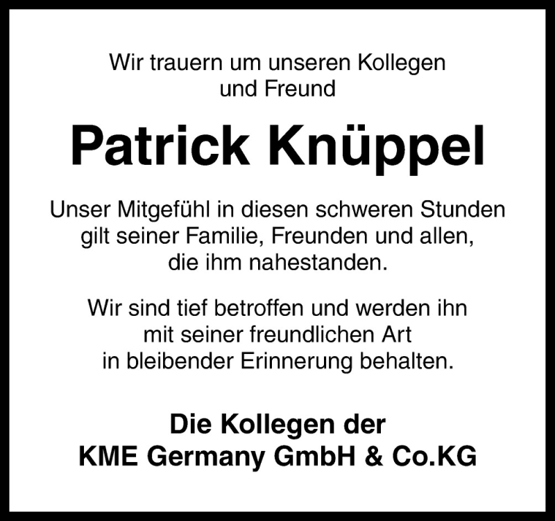  Traueranzeige für Patrick Knüppel vom 25.07.2015 aus Neue Osnabrücker Zeitung GmbH & Co. KG