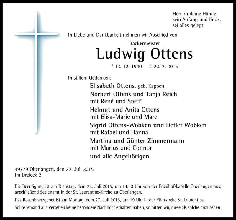  Traueranzeige für Ludwig Ottens vom 24.07.2015 aus Neue Osnabrücker Zeitung GmbH & Co. KG