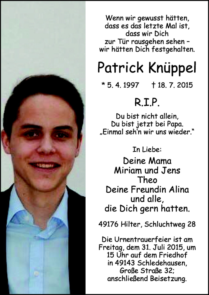  Traueranzeige für Patrick Knüppel vom 25.07.2015 aus Neue Osnabrücker Zeitung GmbH & Co. KG