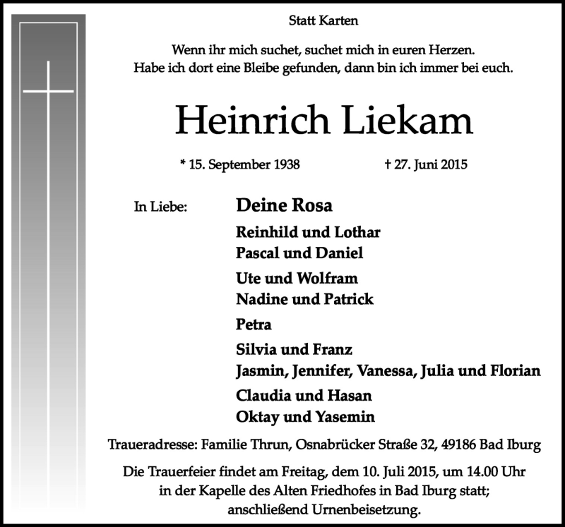  Traueranzeige für Heinrich Liekam vom 06.07.2015 aus Neue Osnabrücker Zeitung GmbH & Co. KG