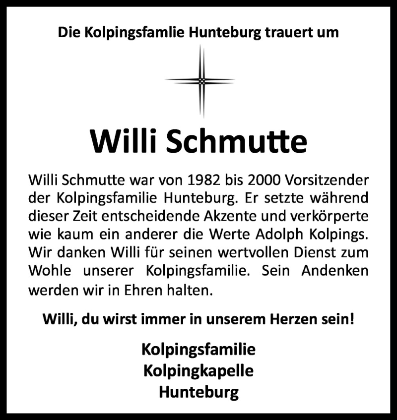  Traueranzeige für Willi Schmutte vom 02.07.2015 aus Neue Osnabrücker Zeitung GmbH & Co. KG