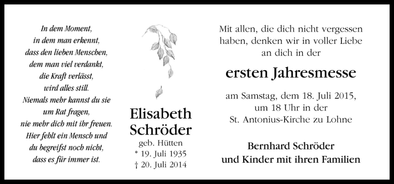  Traueranzeige für Elisabeth Schröder vom 11.07.2015 aus Neue Osnabrücker Zeitung GmbH & Co. KG