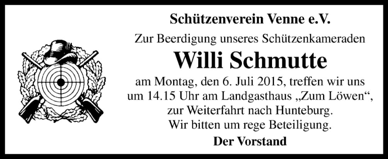  Traueranzeige für Willi Schmutte vom 04.07.2015 aus Neue Osnabrücker Zeitung GmbH & Co. KG