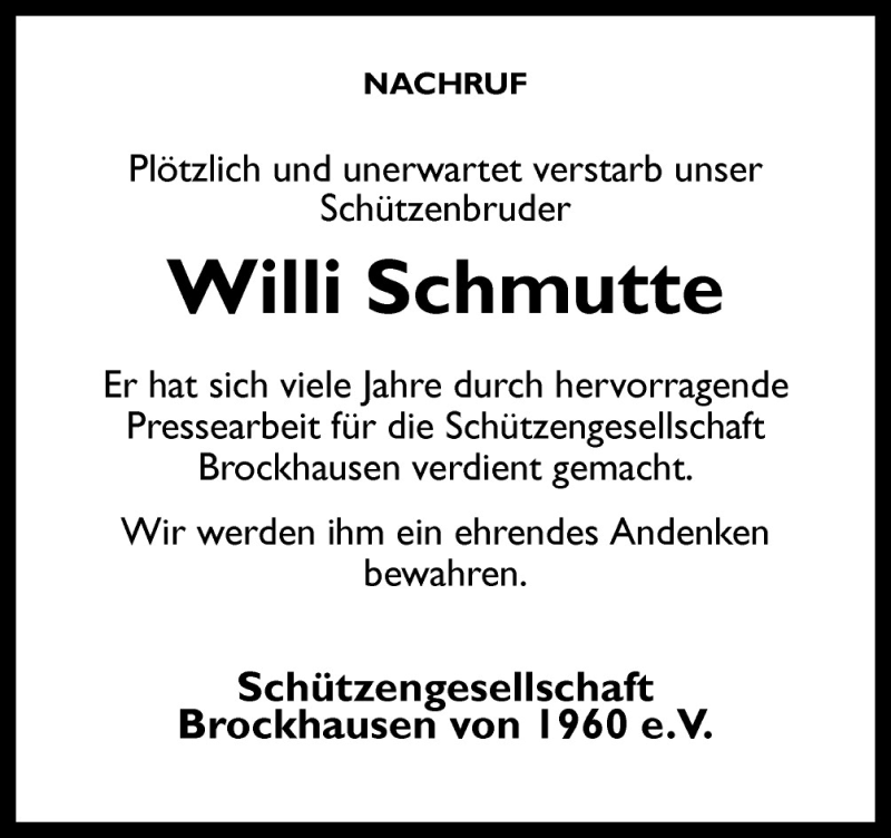  Traueranzeige für Willi Schmutte vom 03.07.2015 aus Neue Osnabrücker Zeitung GmbH & Co. KG